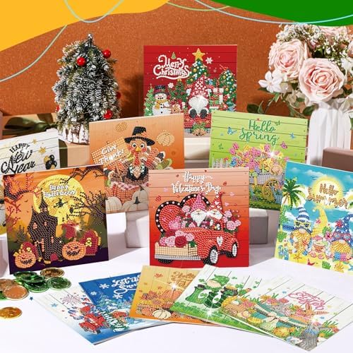Saillong 12 Pack Holiday Diamond Painting Greeting Card Kit Seasonal Diamond Art Cards with Envelopes Summer Patriotic 5D Rhinestones Painting Making Kit for Adult DIY Craft Family Friend Holiday Gift