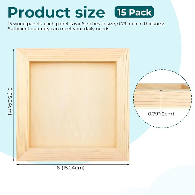 FSWCCK 15 Pack 6 x 6 inch Wood Panel Boards, Unfinished Wood Canvas Panels for Crafts, Painting Canvas, DIY Art Projects, Pouring, Arts Use with Oils, Acrylics