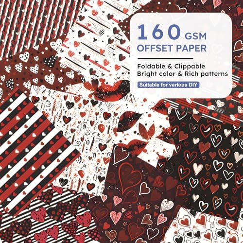 12in Valentine Decorative Scrapbook Paper Pad - 24 Sheets Black Hearts Patterns Designed Collage Supplies for Journaling Folded Card Making DIY Crafts Gift Wrapping Material