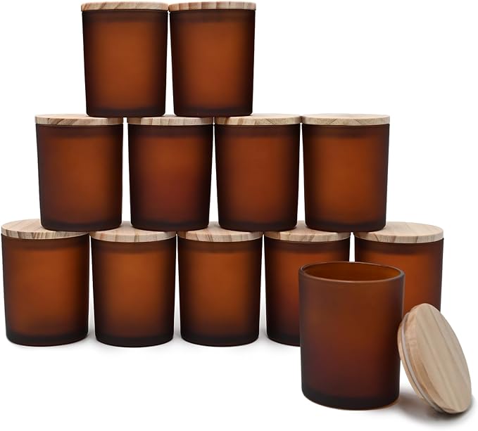 SHOWIN Thick Candle Jars for Making Candles 12 Pcs, 7 OZ Empty Jars with Wood Lids for Candle Making, Sample Container, Frosted Brown