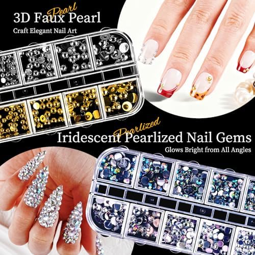 JODSONE Rhinestone Picker Tool,Nail Charms,Nail Rhinestones Kit with 6 Boxes of Rhinestones,12 Nail Stickers in 2 Colors Multi Shape Pearls Jewels Crystals with Nails Art Tools