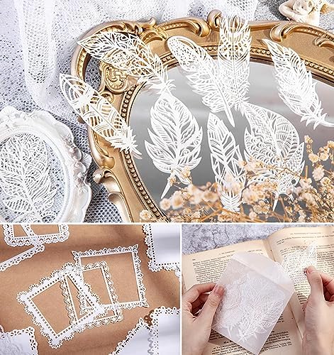 40pcs Lace Scrapbooking Supplies Cutout Scrapbook Paper Flower Leaves Feather Frame White Vintage Journaling Supplies Decorative Paper for Junk Jounal Planner Handmade Card Gift Wraps Craft