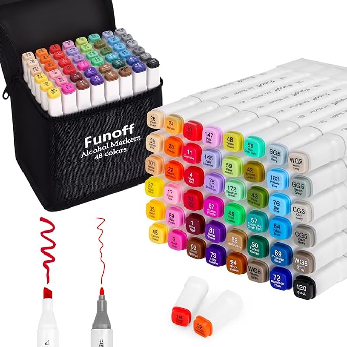 Funoff Alcohol Markers 48 Colors Fine & Chisel Dual Tip Art Marker Set | Permanent Coloring Markers with Carrying Case for Adult Coloring Drawing Sketching Illustration