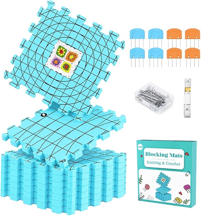 Yarniss 9PCS Blocking Mats for Knitting with 50 T-Pins & 8 Combs 12" x 12"