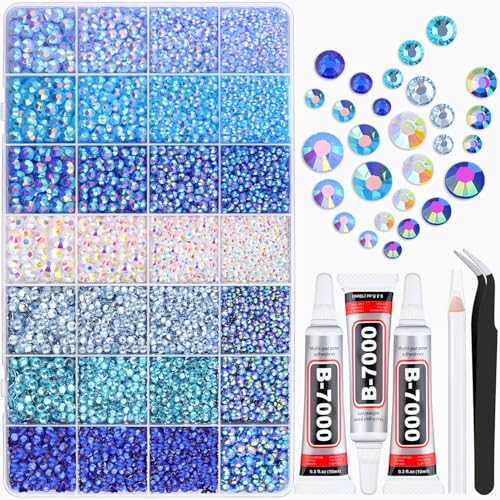 20000Pcs Blue Rhinestones for Bedazzling with B7000 Jewelry Glue, Resin Rhinestones for Crafting Crafts DIY, Bedazzler Kit Gems for Clothing Shoes Tumblers Fabric Nail Art Assorted Size 3/4/5/6mm