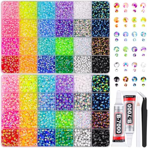 2 Boxes 3mm+5mm Jelly Rhinestones for Bedazzling, 20000Pcs Multicolor Flatback Resin Gems for Crafting, Bedazzler Kit with 2Pcs 10ml B7000 Jewelry Glue for DIY Crafts Book Fabric Decor Nail Art