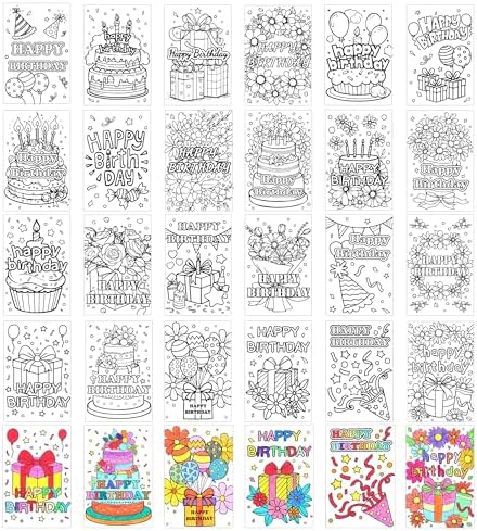 Birthday Coloring Cards, 24 Unique Blank Greeting Card Set with Cakes, Flowers & Gifts, DIY Art Craft for Kids, Adults, Holiday Gift Ideas for Mom, Friends, Thank You & Greeting Card Collection