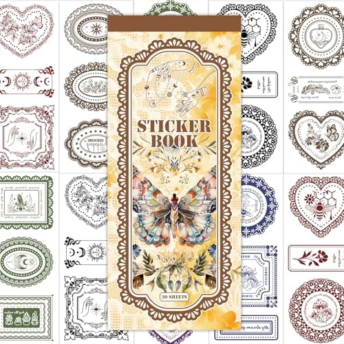 Vintage Lace and Frame Sticker Book,30 Sheets PET Transparent Scrapbook Stickers with Aesthetic Designs for Scrapbooking Supplies and Junk Journal
