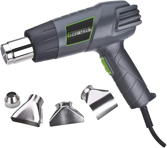 Genesis GHG1500A Dual Temperature Heat Gun Kit With Fast Heat High And Low Settings 572F/1000F, Air Reduction Nozzle, Reflector Nozzle, And Two Deflector Nozzles with 2 Year Warranty | 572F or 1000F, For Shrink Tubing, For Crafting, For Vinyl Wrap, 4 A...