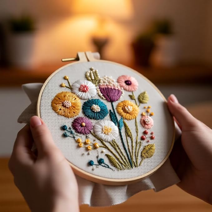 JJFox Embroidery Kit for Beginners and Adults, DIY Hand Embroidery Starter Kit with Cute Pattern, Cross Stitch Needlepoint Set with Hoop, Threads and Instructions (Flower)