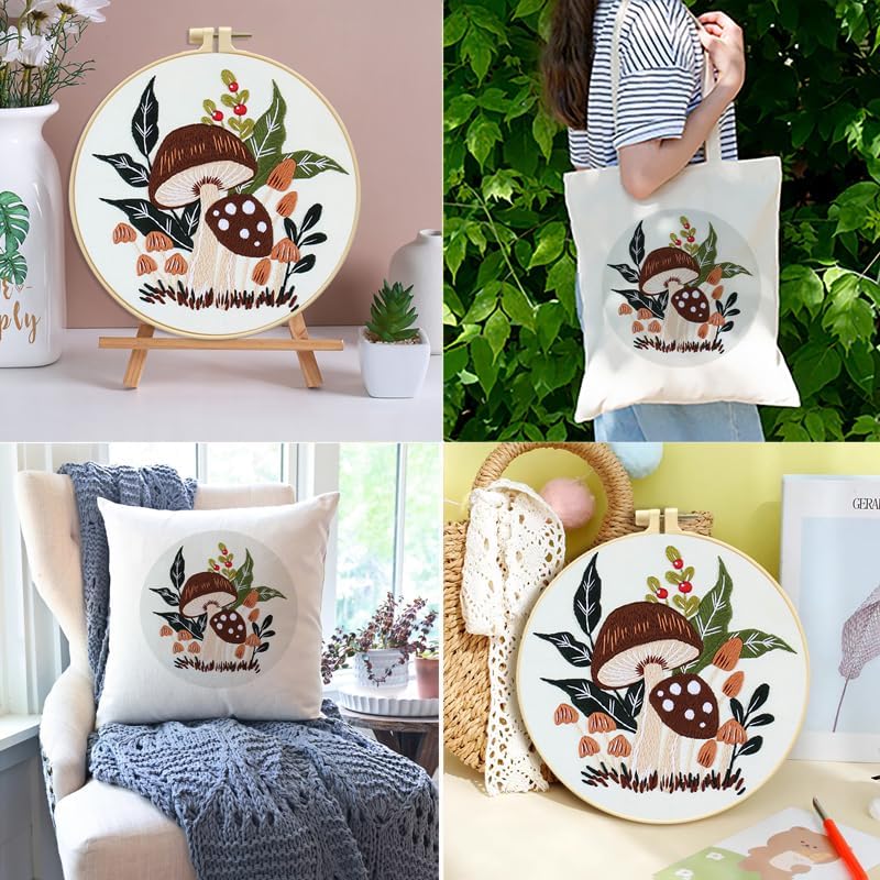 Zhenqing Mushroom Embroidery Kit for Beginners, Woodland Botanical Needlework Kit with Pre-Printed Fabric, Hoop, Threads & Tools, Cottagecore Wall Decor (S-CX0910)