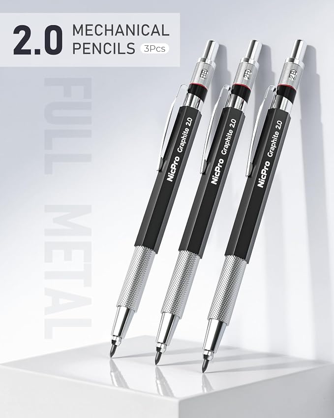 Nicpro 2mm Metal Mechanical Pencil Set with Case, 3PCS
