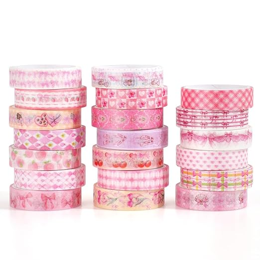 icceemee 20 Rolls Sweet Pink Theme Washi Tape Set with Different Colorful Patterns, Writable Decorative Tapes for Scrapbooking, Junk Journal Supplies, Bullet Journaling, 0.39'' x 79'' per Roll