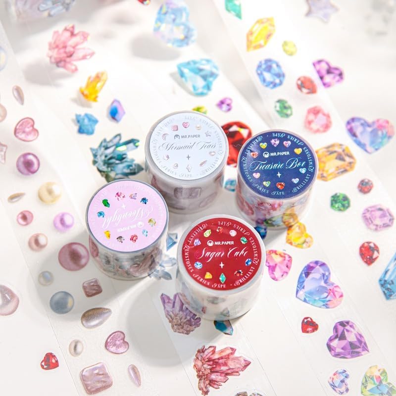 Tape Stickers for Journaling, 4 Rolls Pre Cut Brilliant Gem Series Single Scrapbook Stickers, PET Washi Tape Stickers, Decorative PET Tapes Set for Planner DIY Crafts and Gift Wrapping