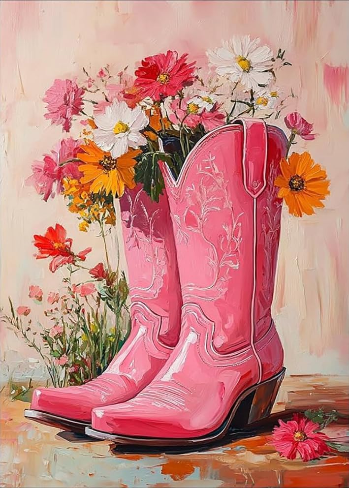 GEWOUVIN Pink Boots Diamond Art Kits for Adults, Diamond Painting Kit for Beginners, Round 5D DIY Diamond Dots Art,Full Drill Painting Kit Art and Crafts for Adults Home Wall Decor【11.8x15.7inch】