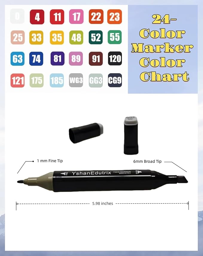24 Colors Alcohol Markers Set, Dual Tip Art Markers with Colorless Blender, Small Travel Adult Coloring Markers for Drawing, Coloring Books & Manga