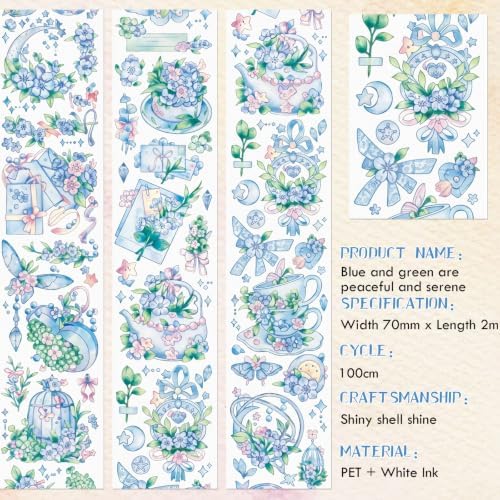 Sitsink PET Tape for Journal Scrapbooking - Blue Floral PET Tape Stickers for Crafts Junk Journal Supplies Notebook Scrapbook DIY Decor Ornament