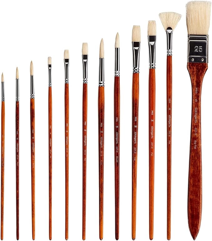 KINGART® PRO Long Handle Natural Hog Bristle Brushes, Oil & Acrylic Painting, Storage Case, Set of 12