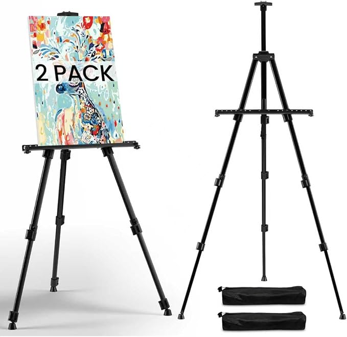 RRFTOK 2 Pack 17-66 Inch Art Easel Stand for Painting and Sign, Black | Portable folding metal tripod easel for display stand, canvas holder, adults, floor, sign, poster board and travel use