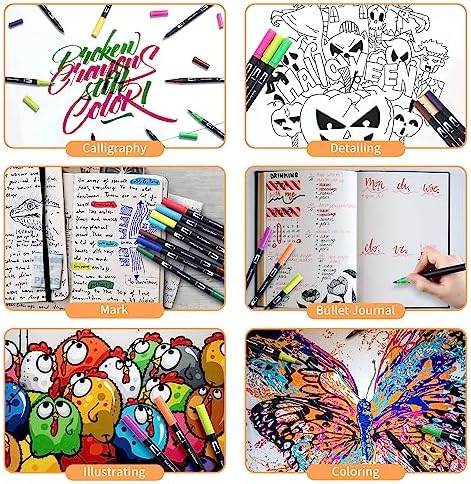 Peablce Art Markers Brush Pen Markers for Adult Coloring 32 Colored Pens | Fine Point Highlighter Pen & Brush Markres for Journaling Note Taking Planner