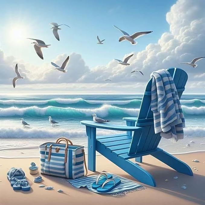OJTOYART Beach Scenery Diamond Art Kits for Adults, 5D Deck Chair Diamond Painting Kits for Beginners,Scenery DIY Full Drill Gem Painting for Relaxation and Home Wall Decor 12 x 16 inch