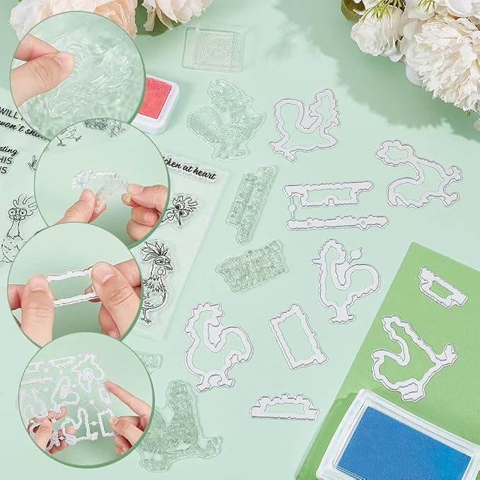 Cartoon Chicken Clear Stamp and Metal Die Set Cartoon Rooster Stamp and Die Cut for Card Making Farm Animals Stamps and Dies for DIY Scrapbooking Album Paper Craft Supplies Thanksgiving