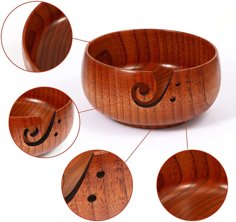 Wooden Yarn Bowl, 6" x 3" Knitting Tool with Holes, Handmade Rounded Edge for Crocheting, Storage Holder for DIY Sewing Supplies