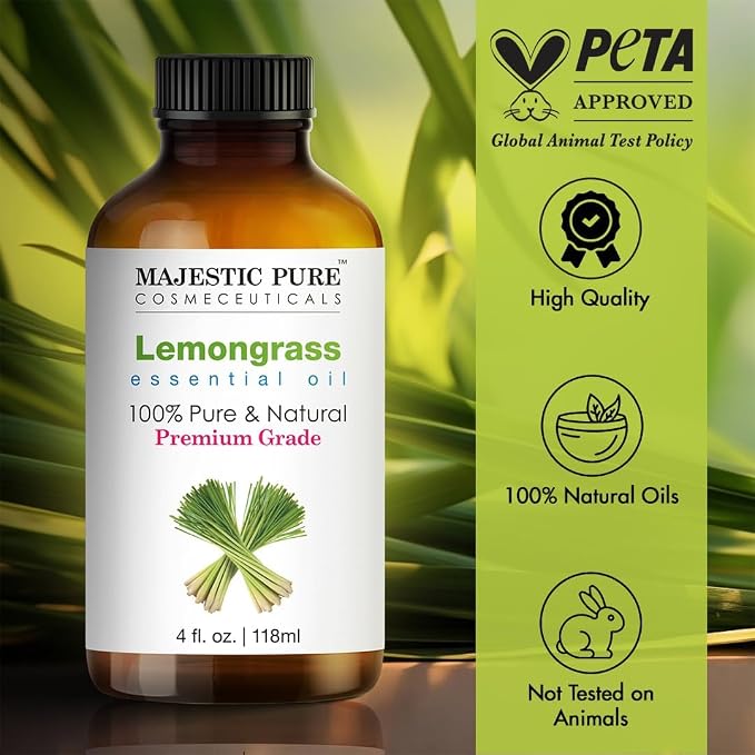 Majestic Pure Lemongrass Essential Oil for Diffuser - 4 Fl Oz | 100% Pure & Natural Essentials Oils for Aromatherapy, Soap and Candle Making, Massage and Room Sprays, Lemongrass Oil