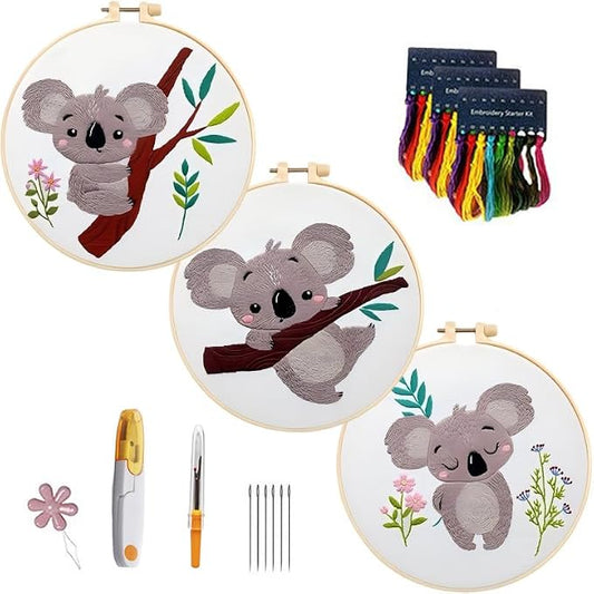 CHIYOSING Embroidery Kit for Beginners Adults,3 Koala Pattern to Learn Over 30 Different Stitches,Includes Step-By-Step Instructions,Sharp Scissors and 2 Exquisite Hairpins and Multiple Accessories.
