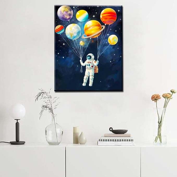 Astronaut Holding Planets Balloons DIY Paint by Numbers for Adults Outer Space Astronaut DIY Digital Oil Painting Acrylic Paint Graffiti Painting Kits Canvas Pop Art Decor 16x20 Inch （DIY Frame ）