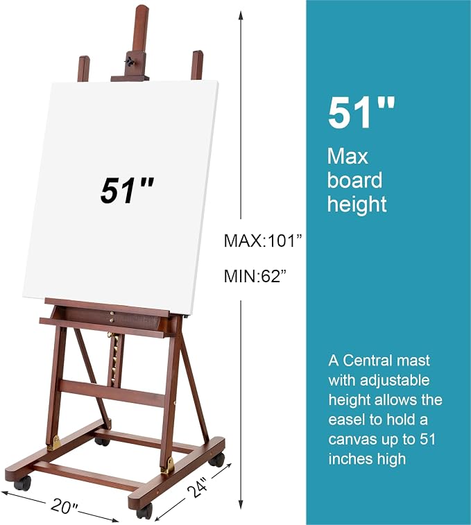 Beechwood H-Frame Artist Studio Easel with Wheels and Storage Tray, Brown