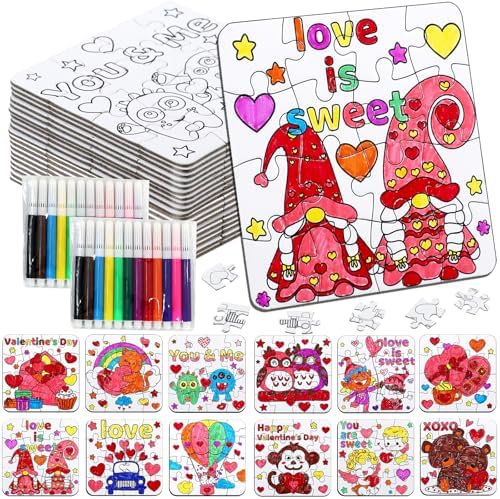 24Pcs Valentines Day Crafts Gifts Kits for Boys, Girls & Adults, Valentine's Arts and Crafts DIY Puzzle with Chocolate Cake Heart Owl, Jigsaw for Classroom Activities Party Favors Exchange Supplies