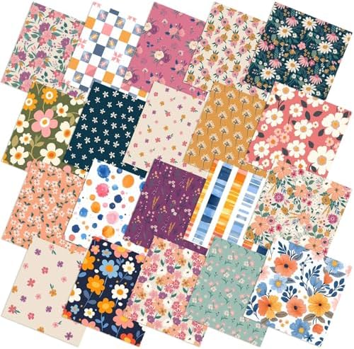 HunnmingRe 20 Pcs 10''x10'' Vintage Floral Quilting Fabric Square Meadow Flower Precuts Quiltted Fabric Retro Wildflower Plaid Printed Patchwork Strips for Spring Holiday DIY Material Sewing Craft