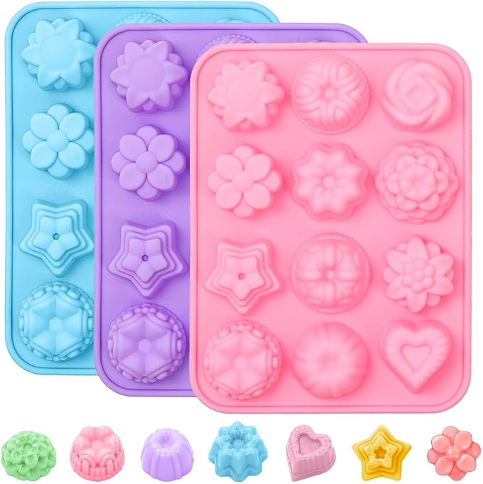 SJ Flower Silicone Mold Set, 3-Pack 12-Cavity Soap & Craft Molds | For Crafts, Plaster, Soap, Wax Melts & Bath Bombs, Food Grade Silicone, Easy Release, Reusable