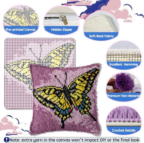 YP Latch Hook Kits for Kids and Adults DIY Throw Pillow for Home Decoration Tropical Butterfly Cover Cushion Cover Hand Craft Crochet for Festival Gift,17" X 17"