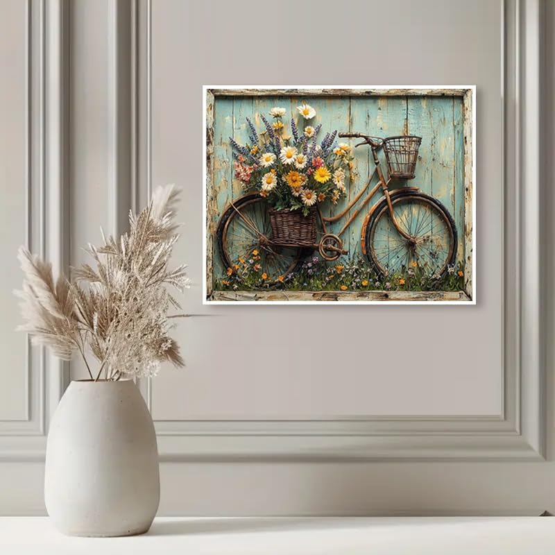 KYOQFVN Bicycle Diamond Painting Kits for Adults, Retro Diamond Art Kits for Adults Beginner, 5D Full Round Drill Diamond Dots for Home Wall Decor 12x16inch
