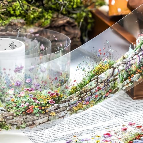 PET Washi Tape Set for Journaling Supplies,6 Rolls Scrapbook Flower Wall Theme Aesthetic Tape Stickers for Scrapbooking,Bullet Journaling,Photo Album,Notebook(Green Field Flower Wall)