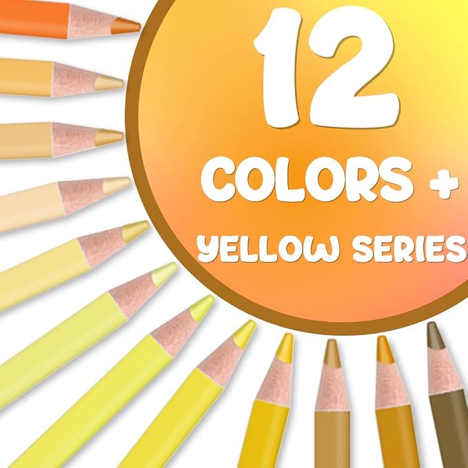 12Pcs Yellow Colored Pencils Set,Professional Drawing Pencils for Adults | Oil Based,No Duplicates,Pre-sharpened Wooden Sketch Pencil Art Supplies for Coloring Books