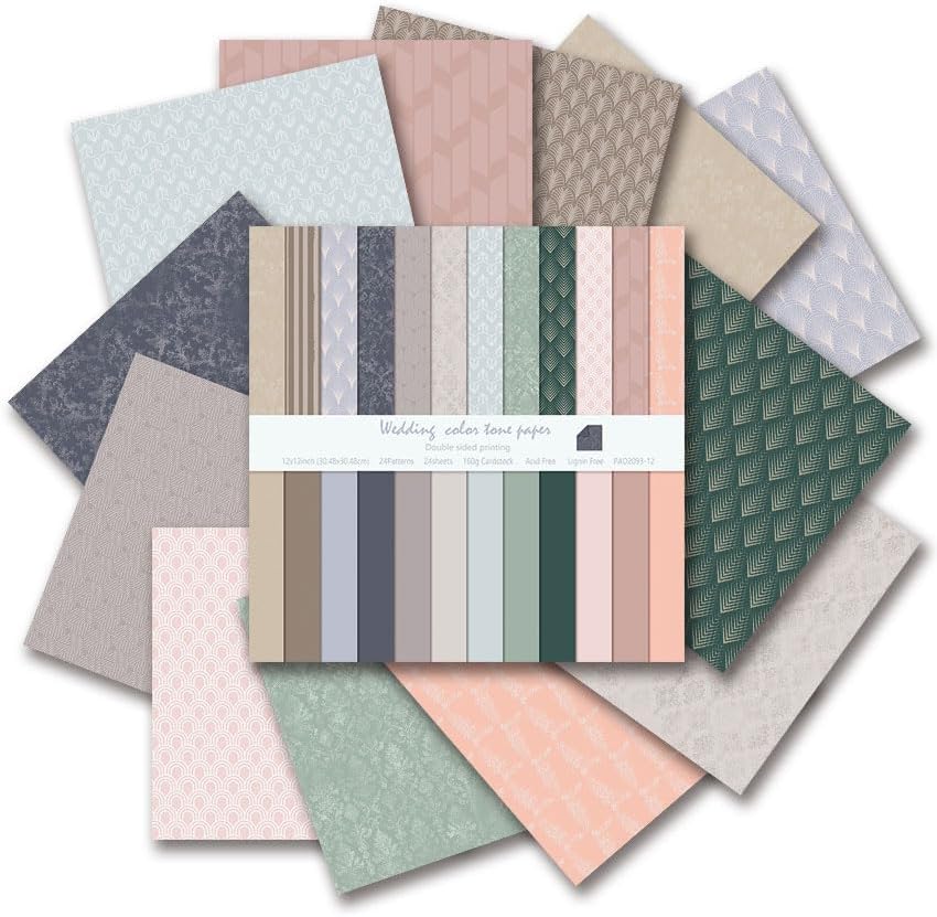 Wedding Tone Scrapbook Paper 24 Sheets Pattern Paper Double Sided Printing for DIY Card Making Scrapbook Wedding Photo Album Home Décor-12 x 12 Inches