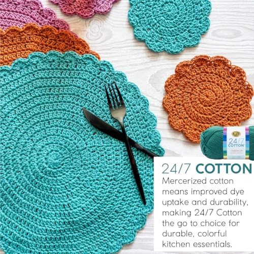 Lion Brand Yarn, 24/7 Cotton Mercerized Lightweight Yarn for Knitting, Crochet, and Crafts, Rose, 3 Pack, 185 Yards of Natural Fiber for Breathable Tops, Durable Bags, and Easy-Care Dish Cloths