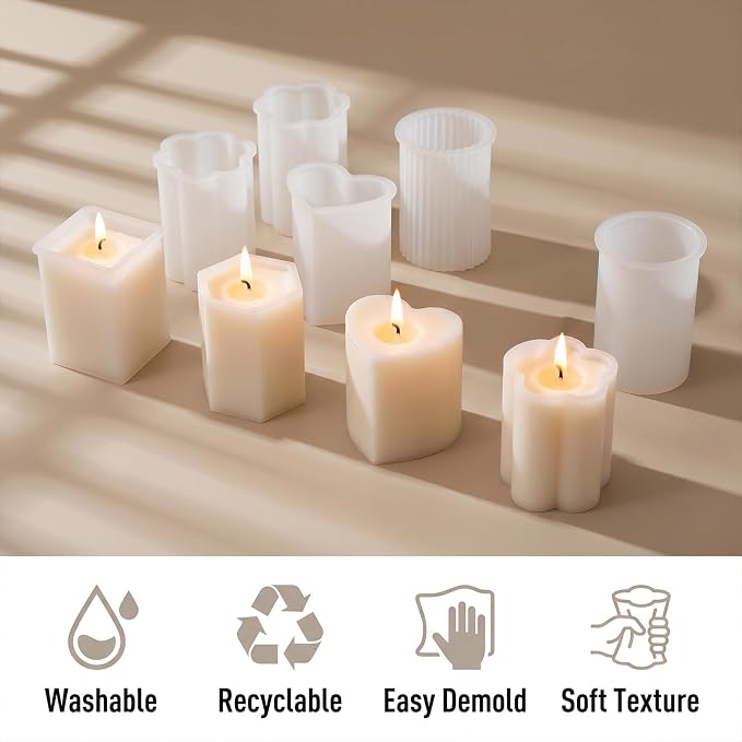 8 Pcs Candle Making Molds, Silicone Candle Molds for Making | Candle Molds Set, Cylinder Hexagon Octagonal Heart Flower Square Shapes for DIY Candle Making, Release Candle Making Kit