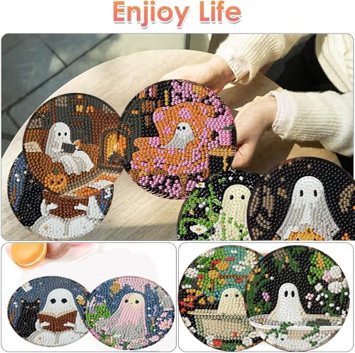 8 Pcs Halloween Diamond Art Coasters Kits for Adults (Cork Wooden Pad)