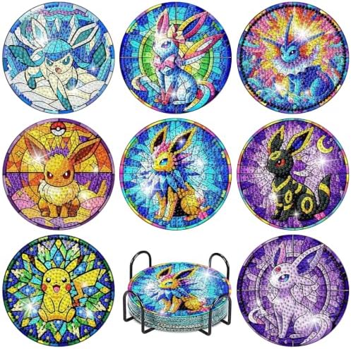 nekpiahu 8Pcs Diamond Painting Coasters with Holder,DIY Cartoon Life Coaster Diamond Art Kits for Adults, Beginners Round Full Drill Diamond Art Craft Supplies