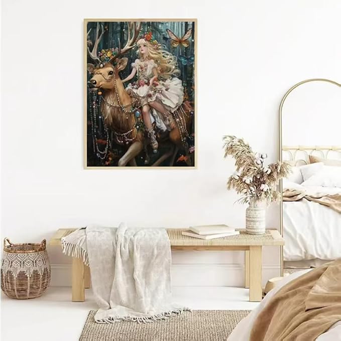 YUXUANKANG Fantasy Forest Fairy Riding Deer Diamond Painting Kit, Anime Girl with Flowers and Butterflies 12x16 inch