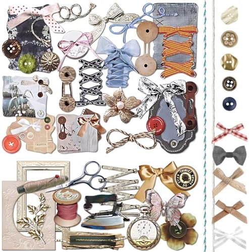 Mayplous 2 Packs Vintage Scrapbook Paper and Sticker Set – Sewing Theme Die-Cut Paperboard Retro Stickers with Cord, Bowknot & Button for Junk Journal, Scrapbooking, Handicrafts & Decoupage (Miller)