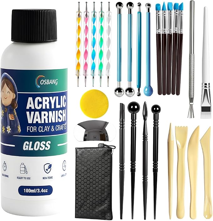 OSBANG Air Dry Clay Glaze and Tools Kit, 100ml Gloss Clear Varnish with 29-Piece Clay Sculpting Set, Protective Top Coat for Polymer Clay and Acrylic Paintings, for Crafting and DIY Projects
