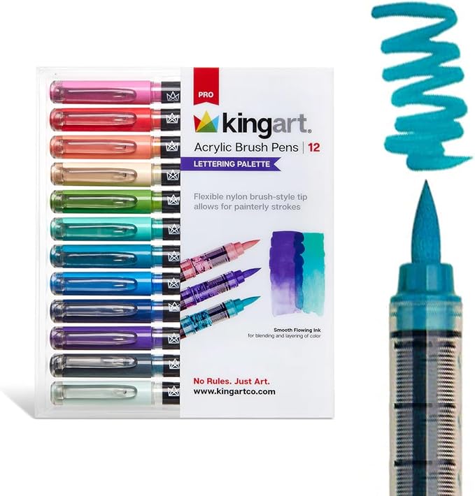 KINGART Acrylic Paint Markers Brush Tip, 12 Lettering Colors. Water-based, no-bleed, waterproof pens with automatic ink control for rock, egg, wood, fabric, glass & DIY crafts