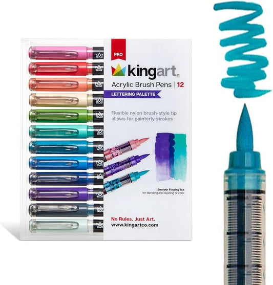 KINGART Acrylic Paint Markers Brush Tip, 12 Lettering Colors. Water-based, no-bleed, waterproof pens with automatic ink control for rock, egg, wood, fabric, glass & DIY crafts