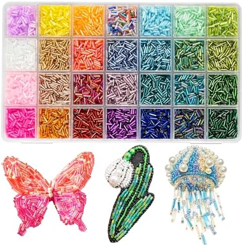 Tube Beads Kit, 7 mm Glass Tube Seed Beads 28 Colored Bugle Embroidery Beads Supplies for DIY Crafting Bracelet Necklaces Jewelry Gift Making & Home Decoration