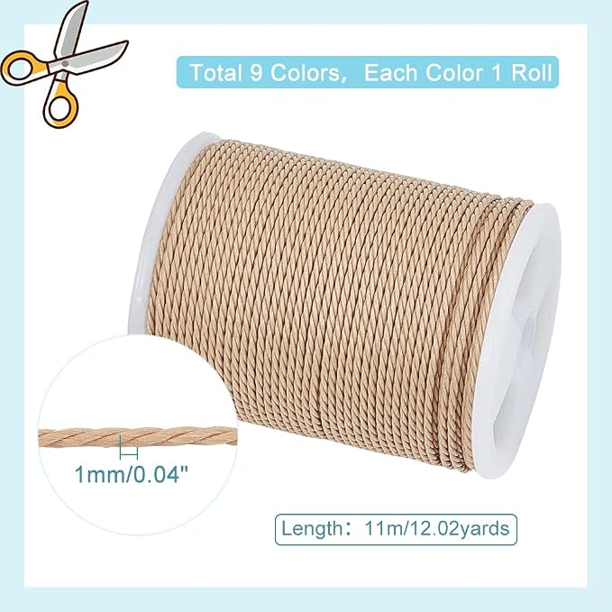 PH PandaHall 108 Yards 9 Colors 1mm Waxed Cords, Waxed Polyester Thread Waxed Beading String Twine for DIY Bracelet Necklaces Waist Beads Jewelry Making Sewing Macrame Supplies, 12 Yards/Roll